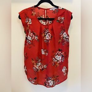 Sweet Rain Red Floral Tunic Top Size M, Cap Sleeve, Lightweight